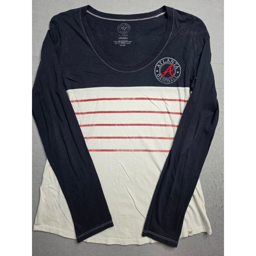 '47 Atlanta Braves Baseball Shirt Women's XL Black White Striped 100% Cotton